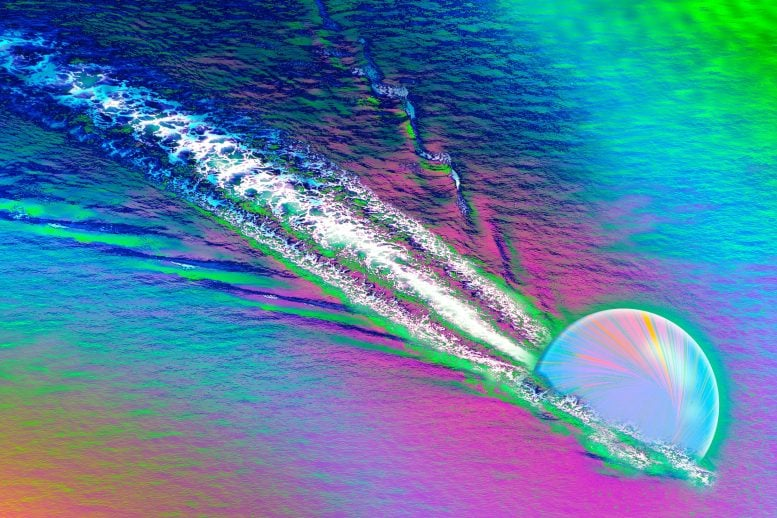 Кварк стремительно проносится сквозь кварк-глюонную плазму, создавая в ней вихревой след. Фото: Хосе-Луис Оливарес, Массачусетский технологический институт.
