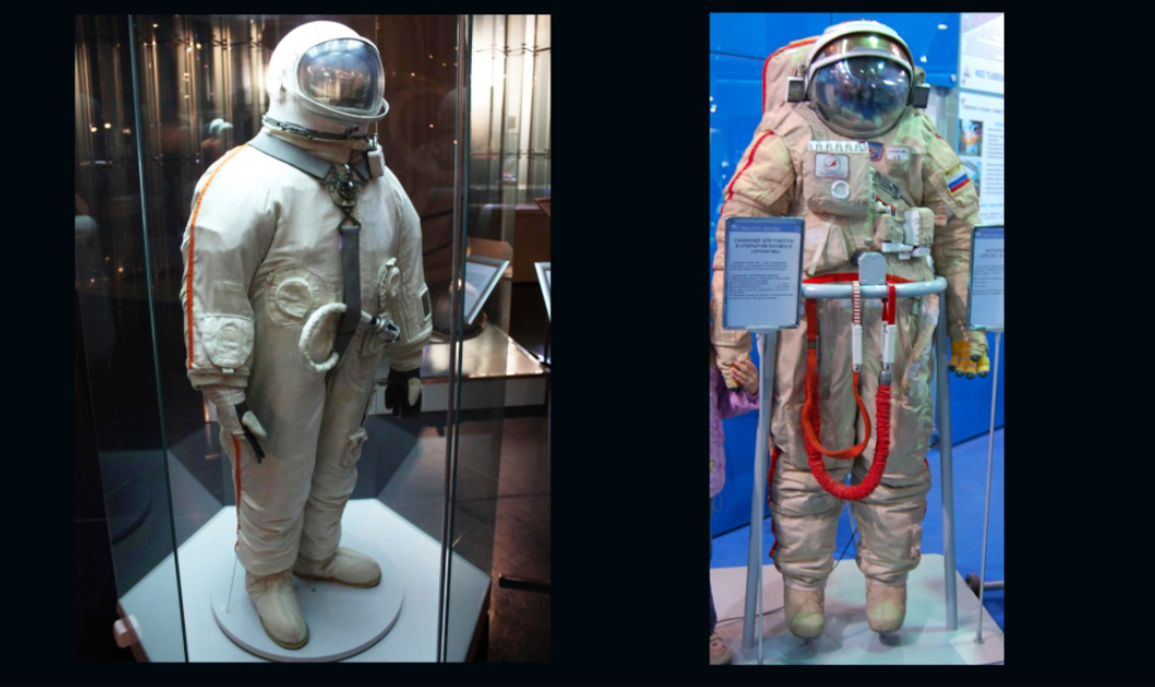Справа скафандр Орлан, который учёл все возникшие проблемы
