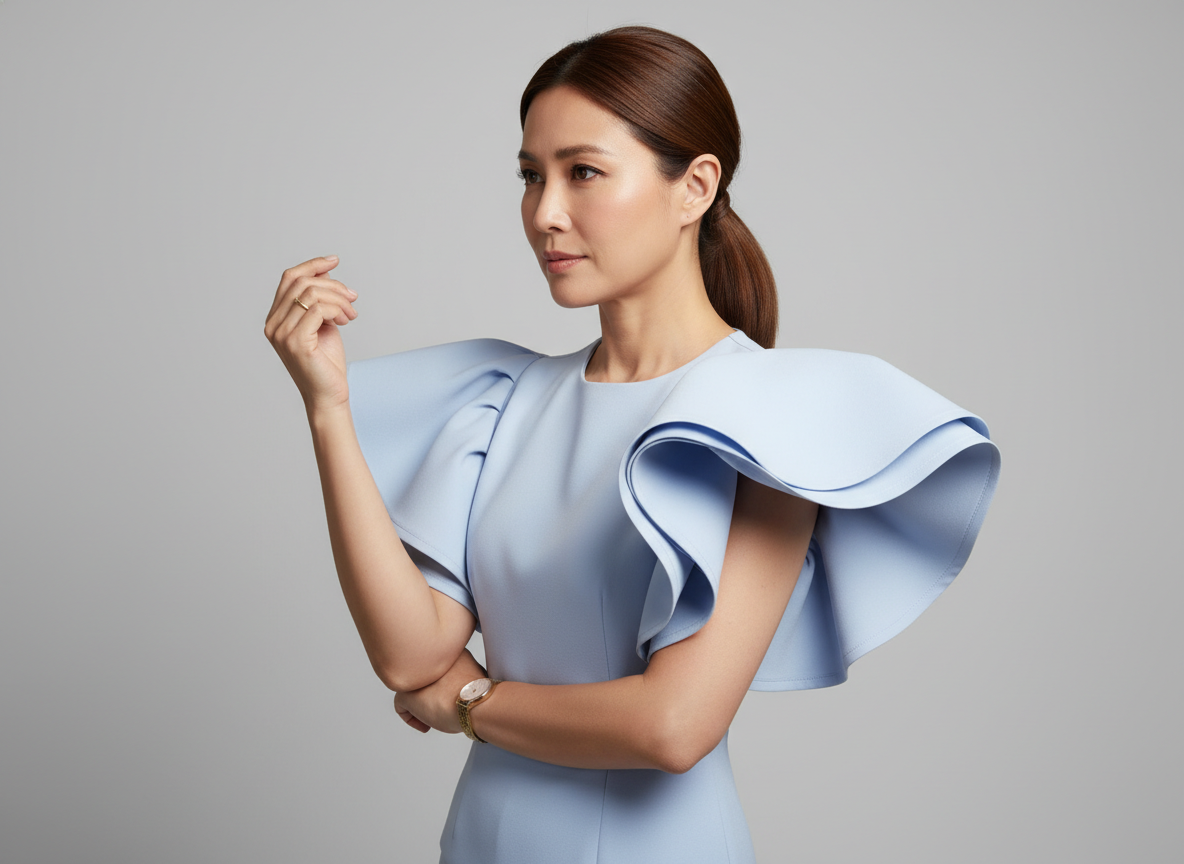 Женщина 40+ в блузе с рукавами-крылышками: оборка торчит в сторону и визуально расширяет плечи и верх руки