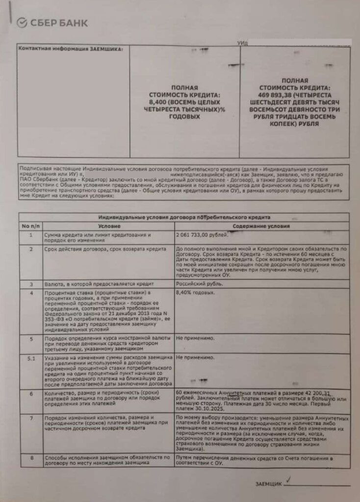 Кредитный договор в ПАО "Сбербанк"