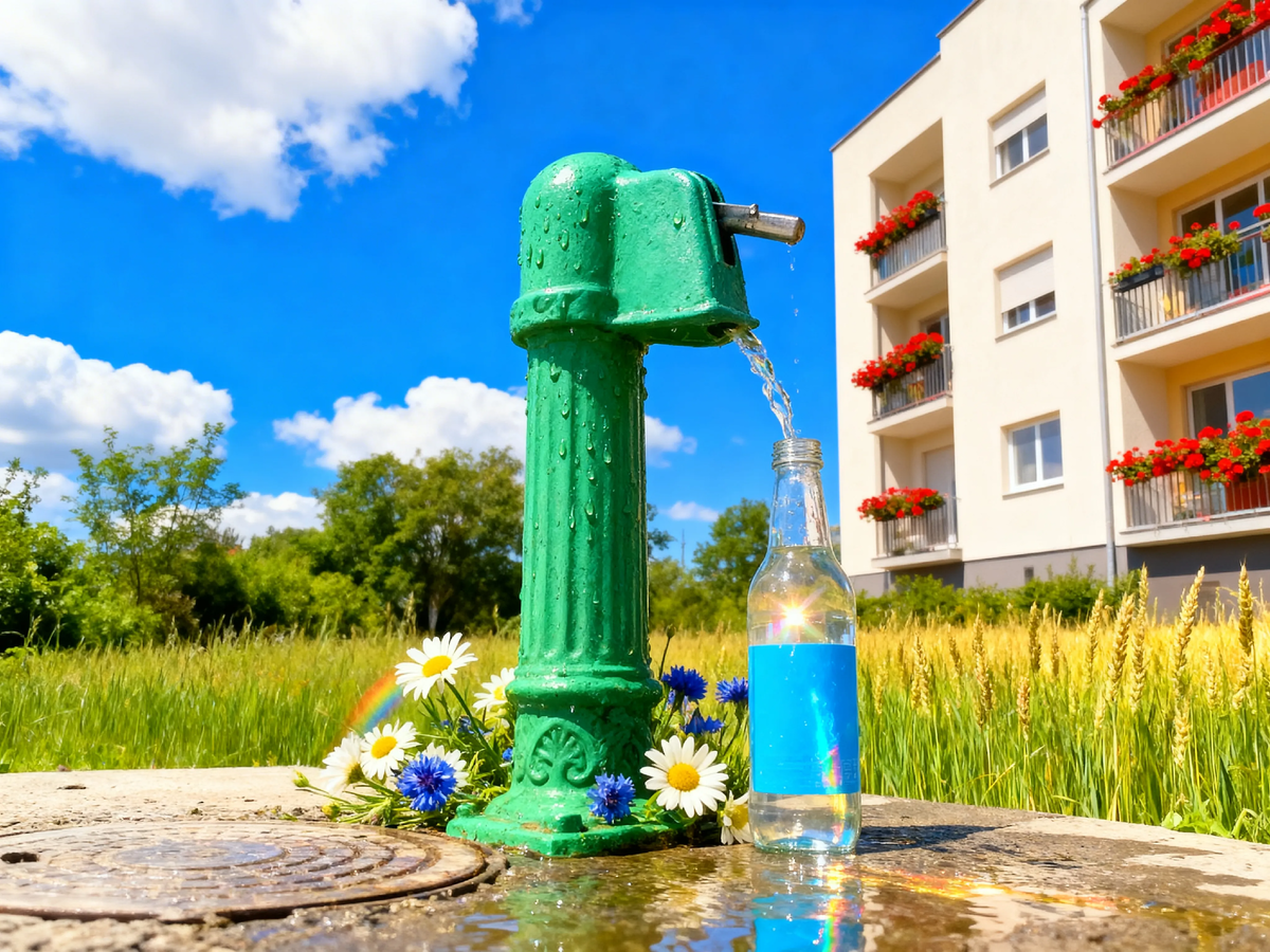 Старая колонка, солнечные блики, радуга в каждой капле и чистая вода, которая течёт уже полвека. А рядом — современная бутылка с той же водой. Вода не стареет. Она всегда праздник. Особенно когда жарко! 💧☀️🌈