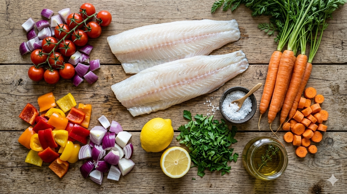 Минтай или треска — 800 г филе.                             Лук репчатый — 2 головки.                                         Морковь — 2 штуки.                                                          Помидоры — 3 штуки.                                                         Болгарский перец — 1 штука.                                             Масло оливковое или растительное — 3 столовых ложки.                                                                                        Лимон — половина.                                                           Чеснок — 3 зубчика.                                                            Соль, перец белый — по вкусу.                                              Прованские травы — 1 чайная ложка.                    Зелень петрушки — для подачи.                                      