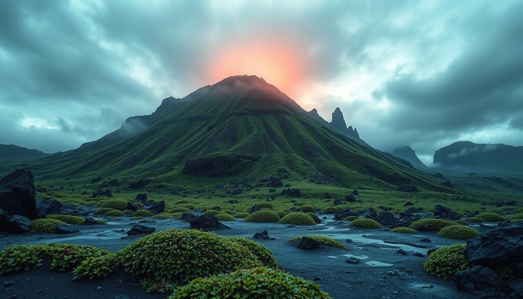    Загадочный ландшафт Камчатки с вулканической активностью и уникальной экосистемой, омытый таинственным светом, намекающим на аномальные явления.