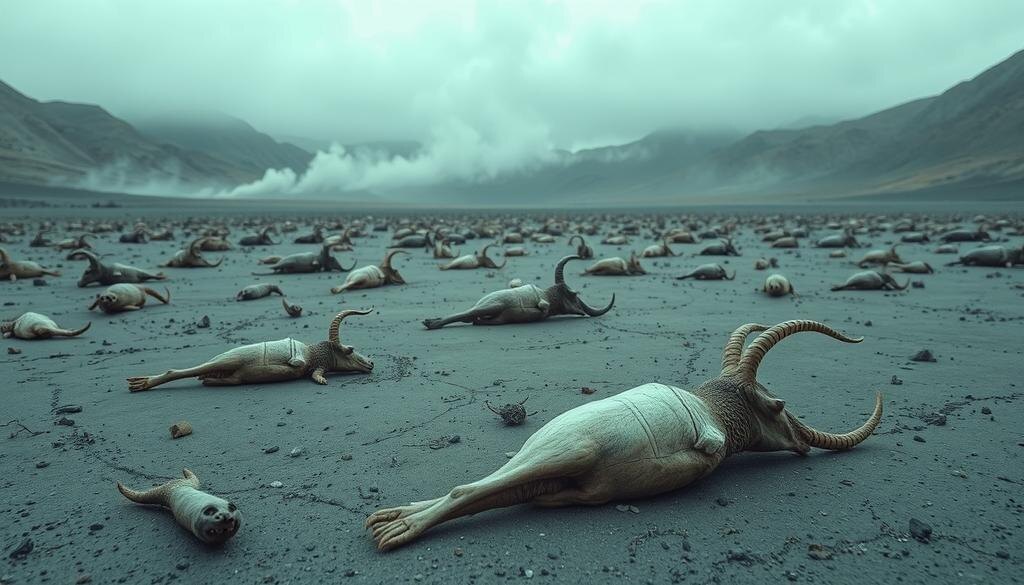    Драматический вид Долины смерти у подножия вулкана Кихпиныч с останками животных и ядовитыми газами, создающий атмосферу опасности и тайны.