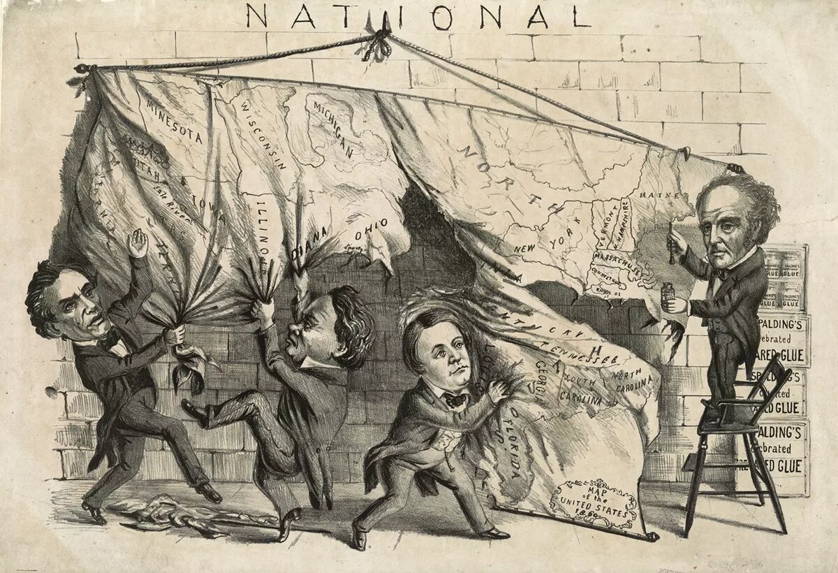 Карикатура на выборы 1860 года. Три кандидата рвут карту Союза на части, а четвертый безуспешно пытается ее склеить