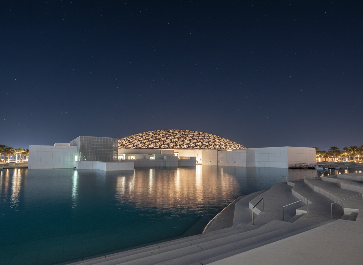 Футуристическое здание Лувра ночью. Источник: Shutterstock 