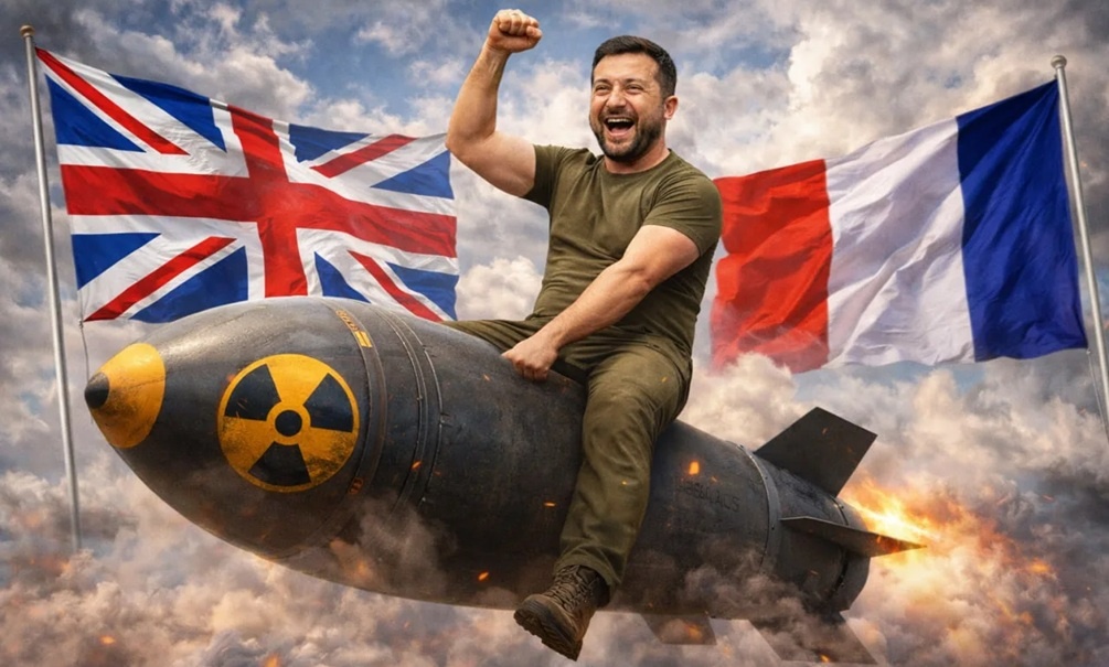    Украина лепит свои наклейки на иностранное оружие и делает вид, что оно произведено ей самой. Так может быть и с ядерной бомбой, предупреждает СВР. Иллюстрация: Блокнот