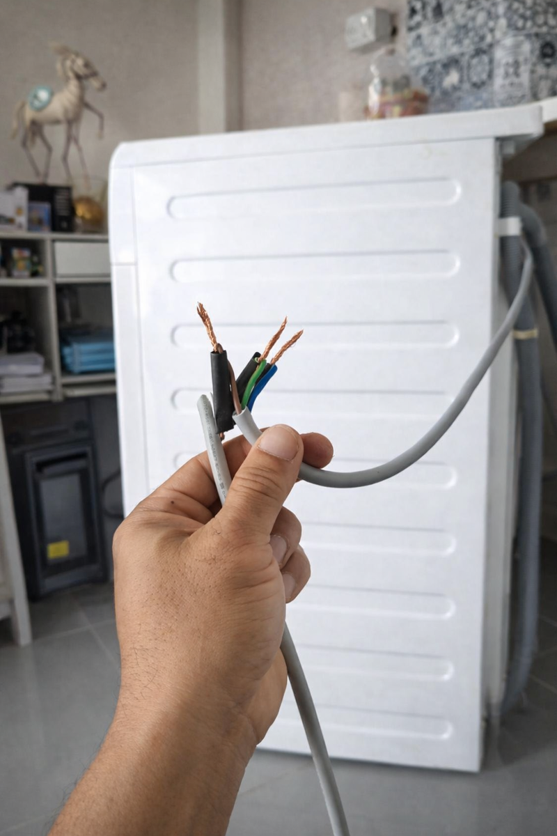 Повреждённый кабель питания стиральной машины.
Во время диагностики было обнаружено, что внутри провода произошёл обрыв жил. Из-за этого стиральная машина перестала включаться и не реагировала на питание. После восстановления проводки и изоляции соединений техника снова начала работать нормально.