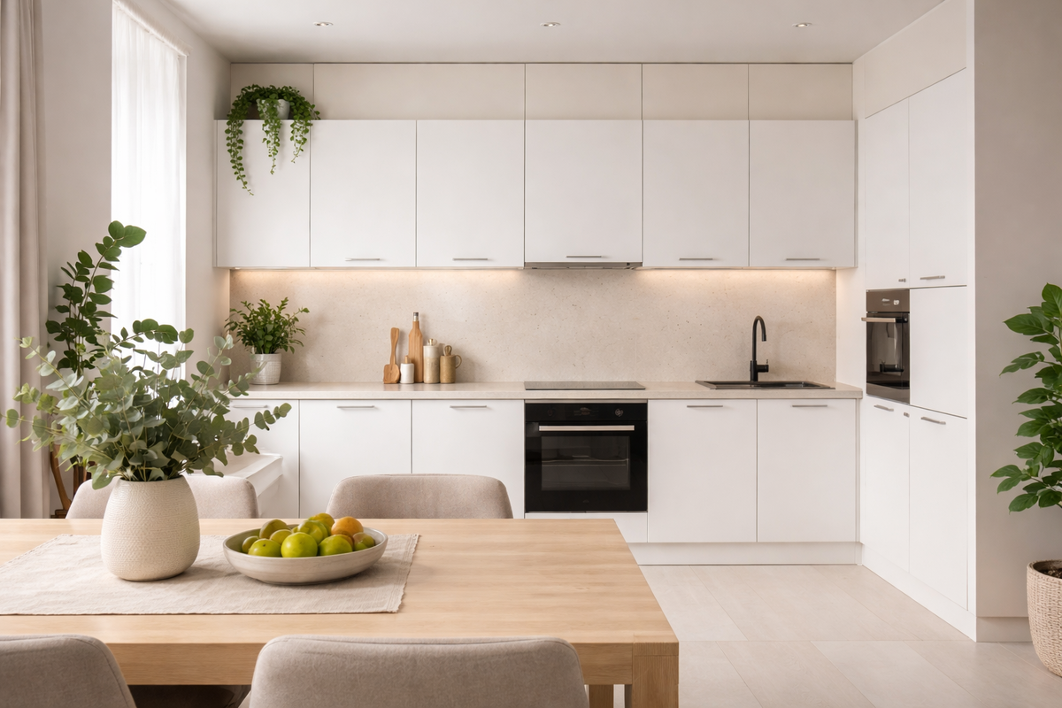 Современная белая кухня с матовыми фасадами и светлой столешницей в стиле минимализм