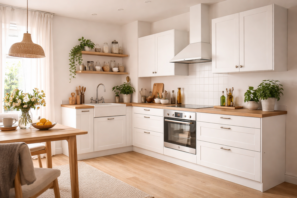 Скандинавская кухня с белыми фасадами и деревянной столешницей 