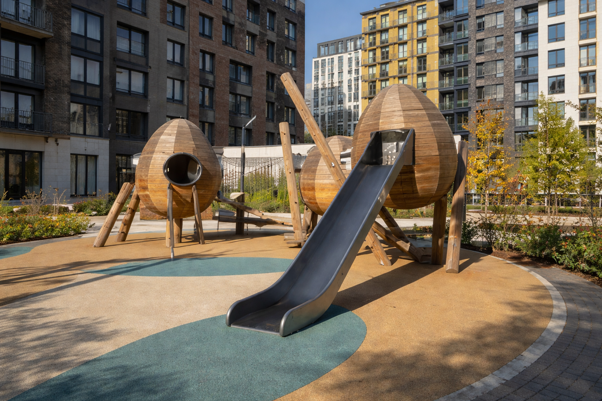 Пример благоустройства двора в одном из новых жилых комплексов на побережье Азовского моря.