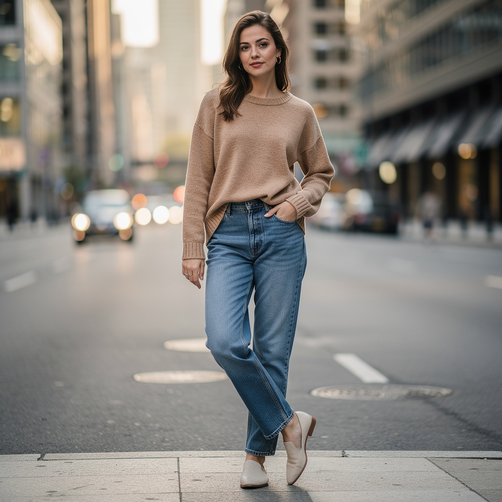 Тональный образ джинсы + джемпер — как деним и нейтральный верх дают дорогой результат