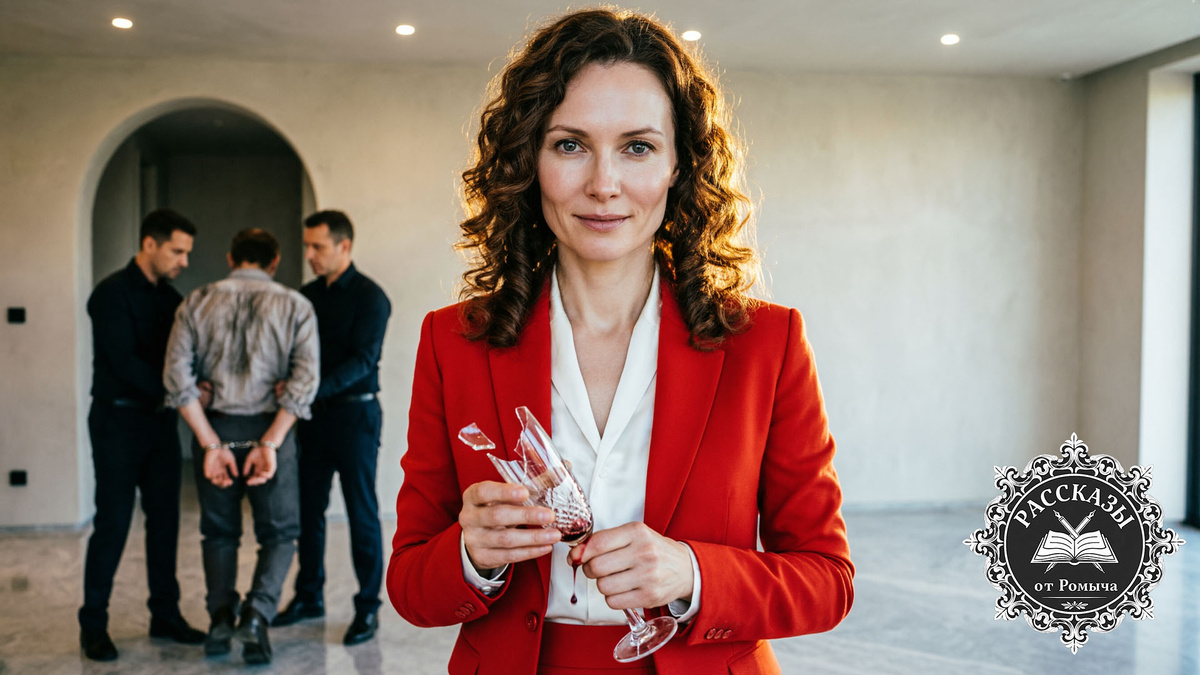 Женщина с темно-серыми глазами и каштановыми волосами, в ярко-красном деловом костюме. Она стоит посреди пустой, элитной квартиры, в руках – разбитый хрустальный бокал. На заднем плане, в расфокусе, видна фигура мужа в наручниках, которого уводят двое мужчин в штатском. Фокус на лице женщины: на нем смесь торжества и глубокой, выжигающей пустоты.