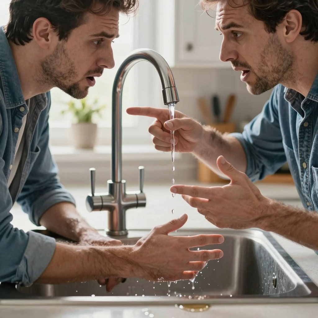 Два хозяина в доме спорят, кому чинить кран. Иллюстрация сделана нейросетью.