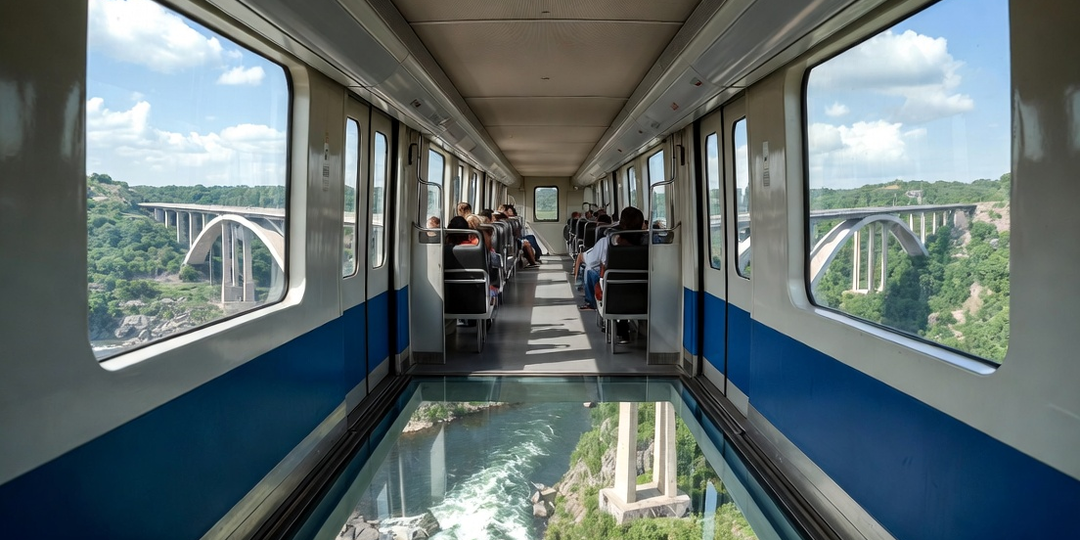 Поезд с прозрачным полом: захватывающие виды на мост и реку