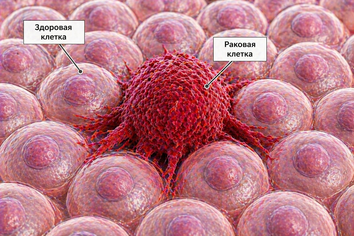 На изображении показано различие между нормальными и раковыми клетками на уровне ткани. Здоровые клетки имеют ровную форму, одинаковый размер и выстроены в упорядоченную структуру — они выполняют свою функцию и подчиняются сигналам организма. В центре — раковая клетка: она крупнее, имеет неровную поверхность и хаотичную форму, а её отростки «врезаются» в окружающие клетки. Это визуально отражает ключевое свойство опухоли — утрату регуляции роста и способность внедряться в соседние ткани.