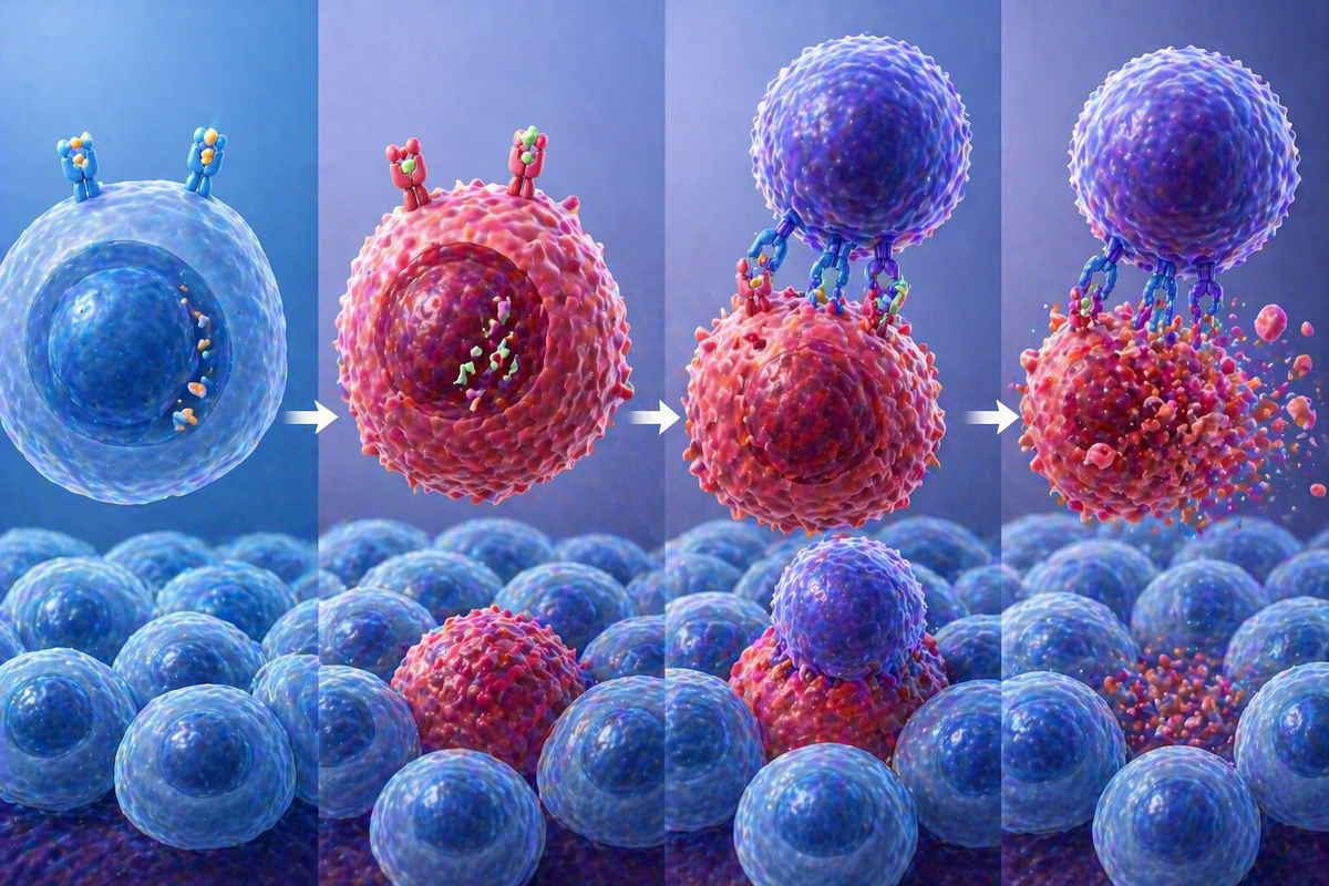 На изображении показан один из ключевых механизмов иммунной защиты: нормальные клетки демонстрируют на своей поверхности обычные белковые фрагменты, тогда как изменённая клетка выделяется аномальными антигенами. Цитотоксический T-лимфоцит распознаёт это отличие, связывается с такой клеткой и запускает процесс её разрушения, предотвращая дальнейшее распространение повреждения в ткани.