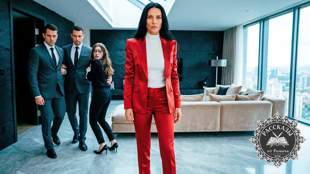 Женщина с янтарными глазами и черными волосами, одетая в ярко-красный шелковый пиджак, стоит скрестив руки на груди. На заднем плане, в расфокусе и тусклых серых тонах, молодую девушку в наручниках уводят двое мужчин в штатском. Фокус на торжествующем и холодном лице женщины.