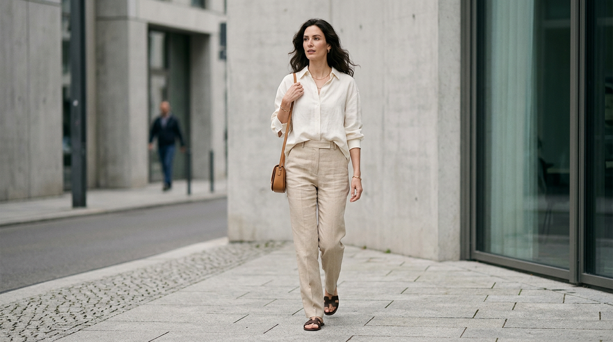 Длинная блузка с прямыми брюками 2026 — частичная заправка спереди и вертикальный силуэт