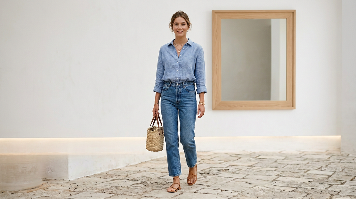 Длинная блузка с прямыми джинсами — как длина и заправка создают вертикаль