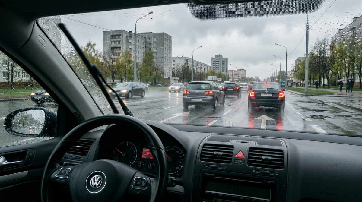 Вид из салона на мокрую весеннюю дорогу