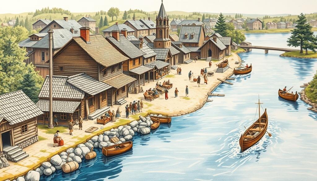    Раннее поселение Ростова с деревянными домами и жителями, занятыми торговлей у речки.