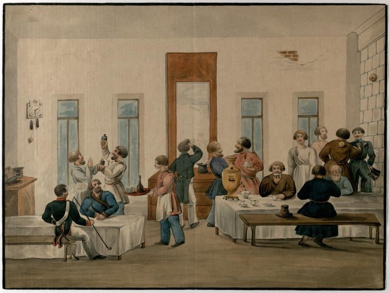 Генрих-Дитлев Митрейтер, акварель «Трактир», середина XIX века. Из собрания Владимиро-Суздальского историко-архитектурного и художественного музея-заповедника