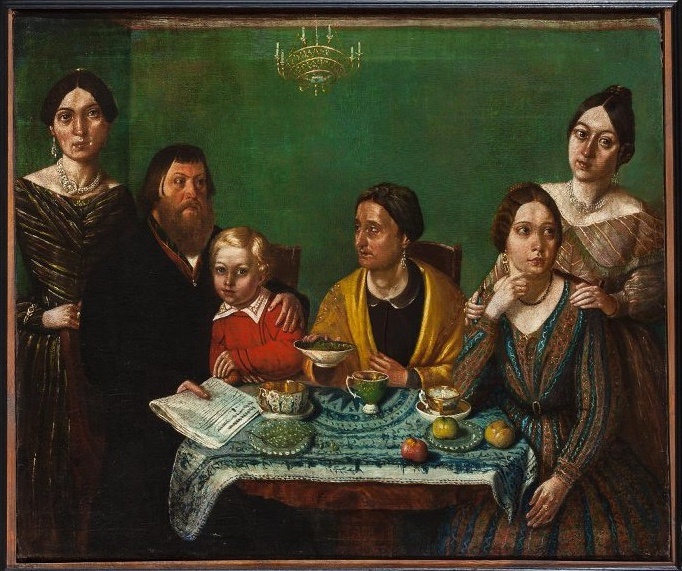 Кучиков, «Портрет семьи купцов Косиных за чаепитием», 1840-е годы. Из собрания Государственного исторического музея