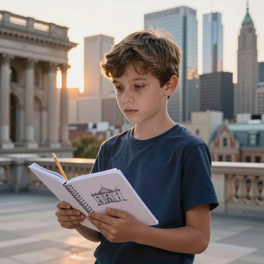 Мальчик любит арзитектуру и историю. Иллюстрация сделана нейросетью.