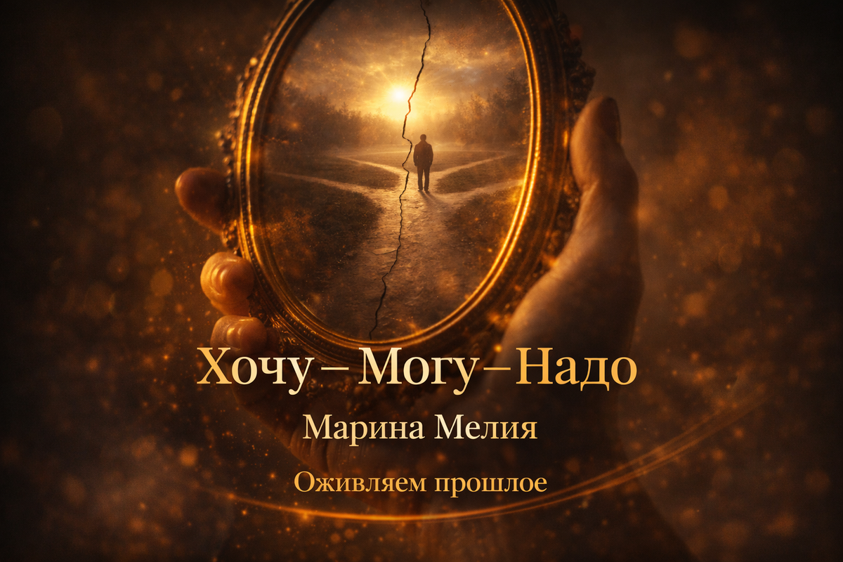 Рука держит старое зеркало с трещиной, в отражении — человек на перепутье трёх дорог. Текст: «Хочу — Могу — Надо», Марина Мелия.
