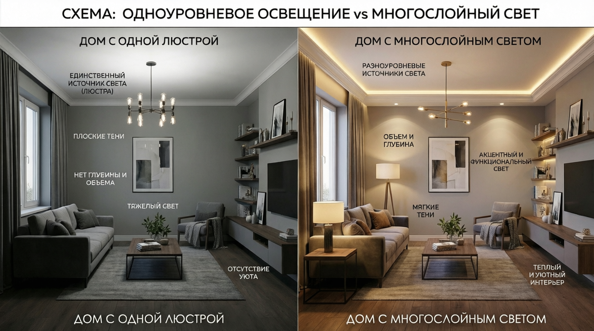Дом с одной люстрой vs дом с многослойным светом