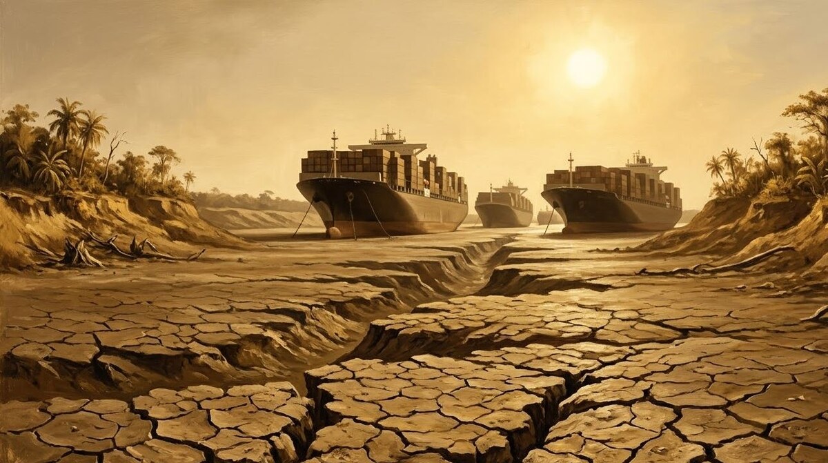 Очереди судов у входа в Панамский канал в разгар засухи 2024 года. Визуализация