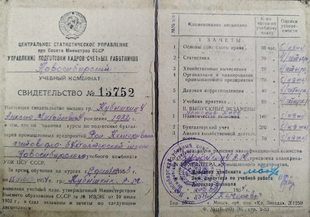 Свидетельство № 13752 об окончании в 1954 году Алексеем Кубышкиным курсов по подготовке бухгалтеров промышленных предприятий Новосибирского учебного комбината УПК ЦСУ СССР при Кемеровской счетоводно-бухгалтерской школе и получении им  специальности бухгалтера промышленного предприятия.