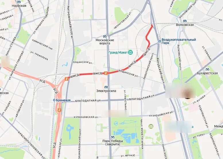    Зона проведения дорожных работ. Фото: скриншот сервиса «Яндекс Карты»