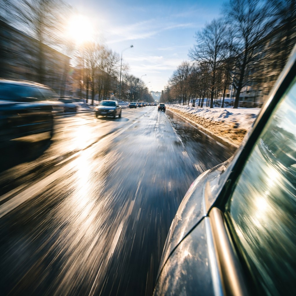 Иллюстрация внутреннего состояния и перемен: яркое мартовское солнце ослепляет через стекло автомобиля. Символ движения к «своей норме» сквозь весеннюю распутицу и спешку.