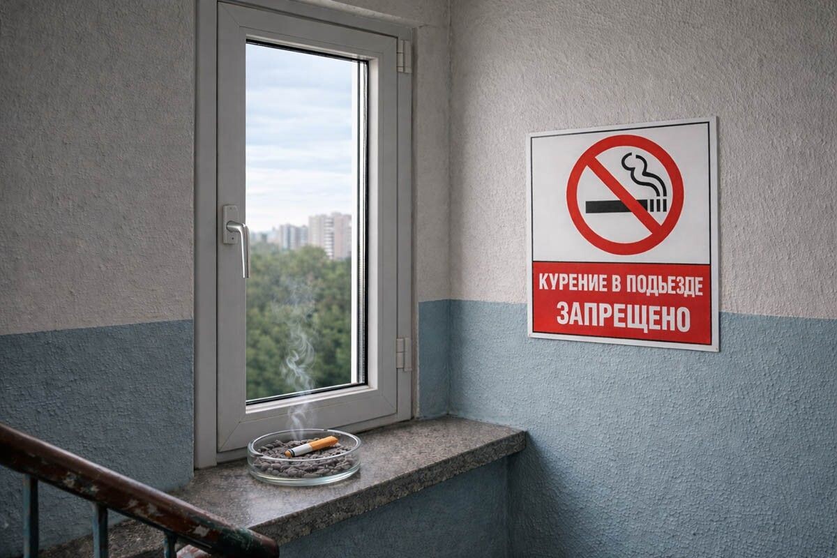 Курение в подъезде — одна из самых частых причин конфликтов в многоквартирных домах. Источник: нейросеть📷
