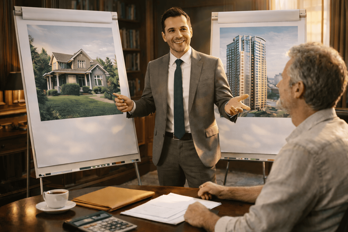Риелтор показывает клиенту варианты продажи дома и квартиры в Москве и Подмосковье