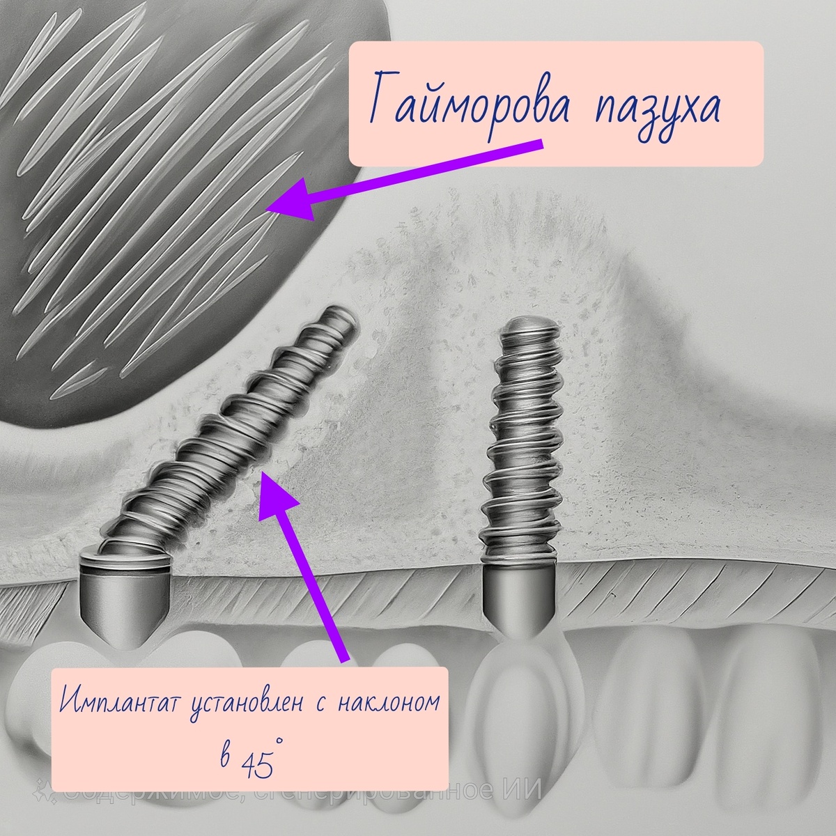 Схематичное расположение имплантатов с одной стороны. Один с наклоном 45°,  другой установлен прямо. И тоже самое должно быть с другой стороны. На все  имплантаты прикручиваются мультиюниты, чтобы выровнить наклон для пассивной установки протеза.