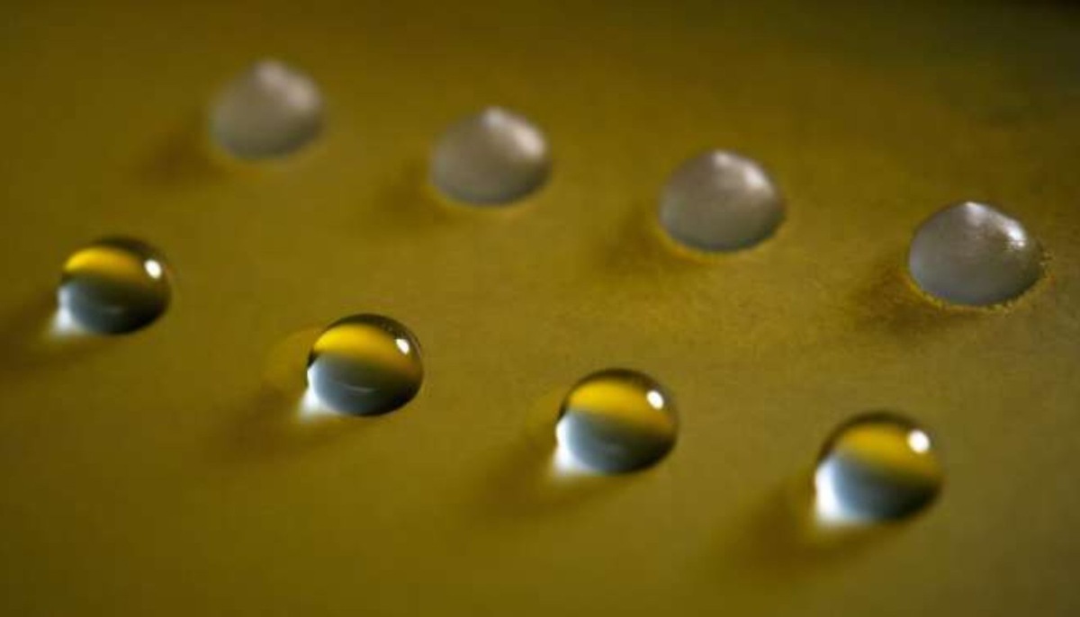    Жидкие и замерзшие капли воды при одной и той же температуре. К каплям, которые замерзли, добавлен белок-нуклеатор.