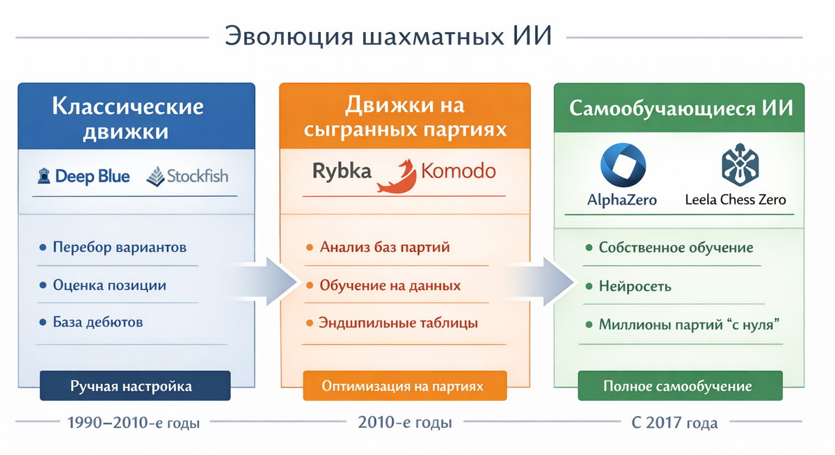 Ответ chatgpt на запрос сделать наглядную схему развития шахматных ИИ