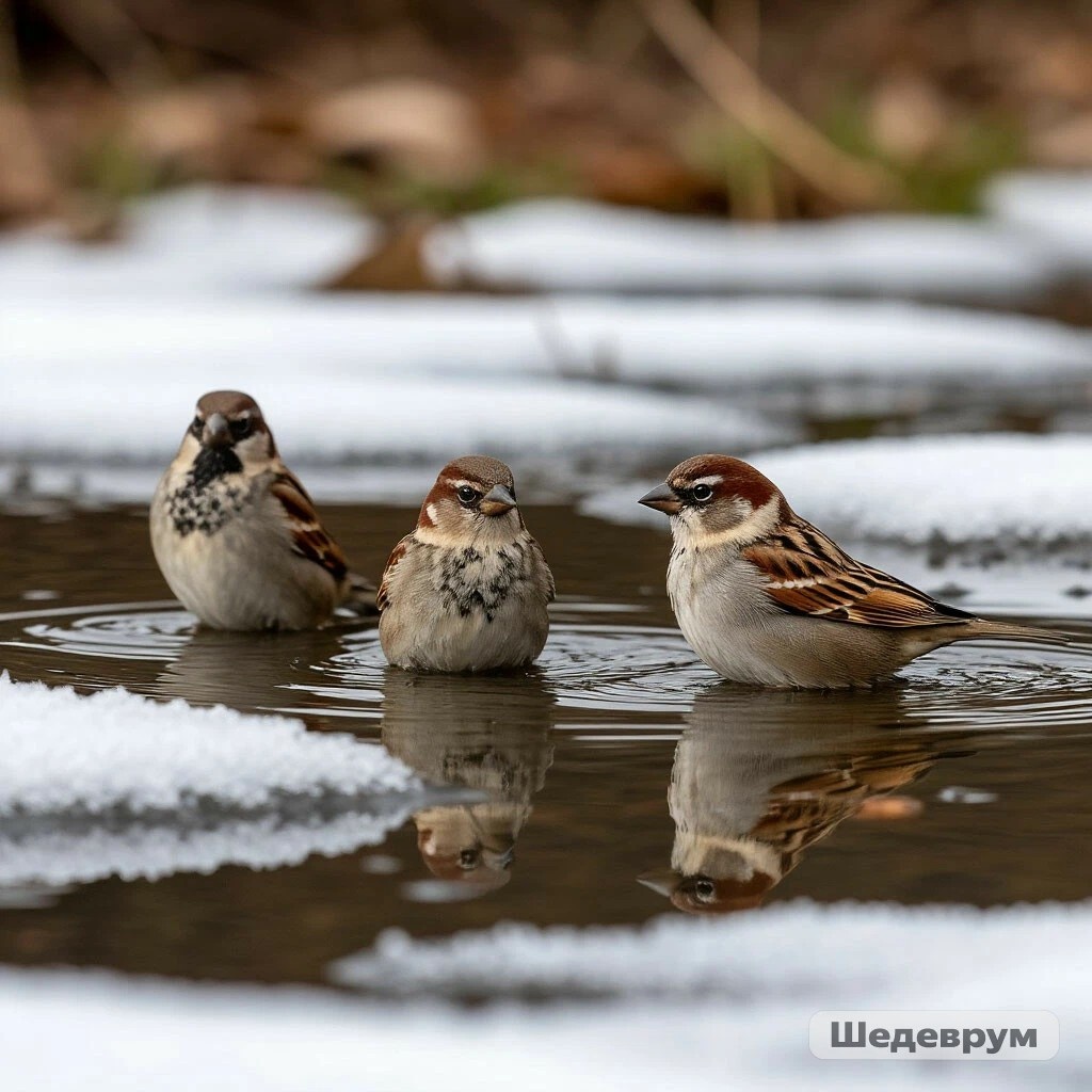 Воробьи весной тоже купаются в лужах