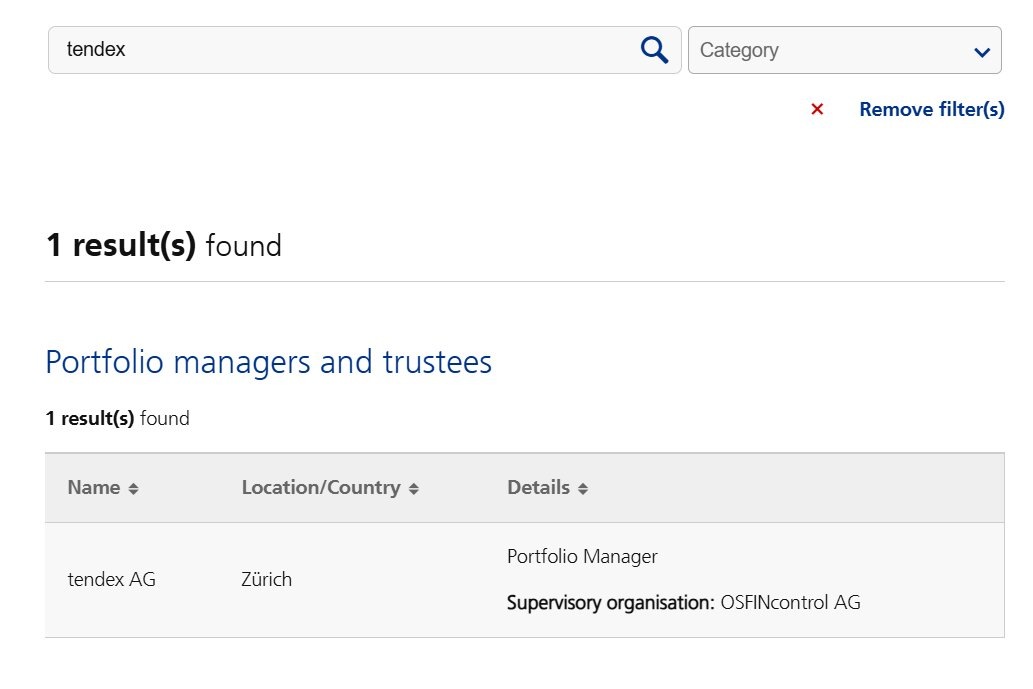 Результат поиска на finma.ch. Запрос «tendex» — один результат: tendex AG, Zürich, Portfolio Manager, надзор OSFINcontrol AG. Проверяется за пару минут на официальном сайте регулятора.