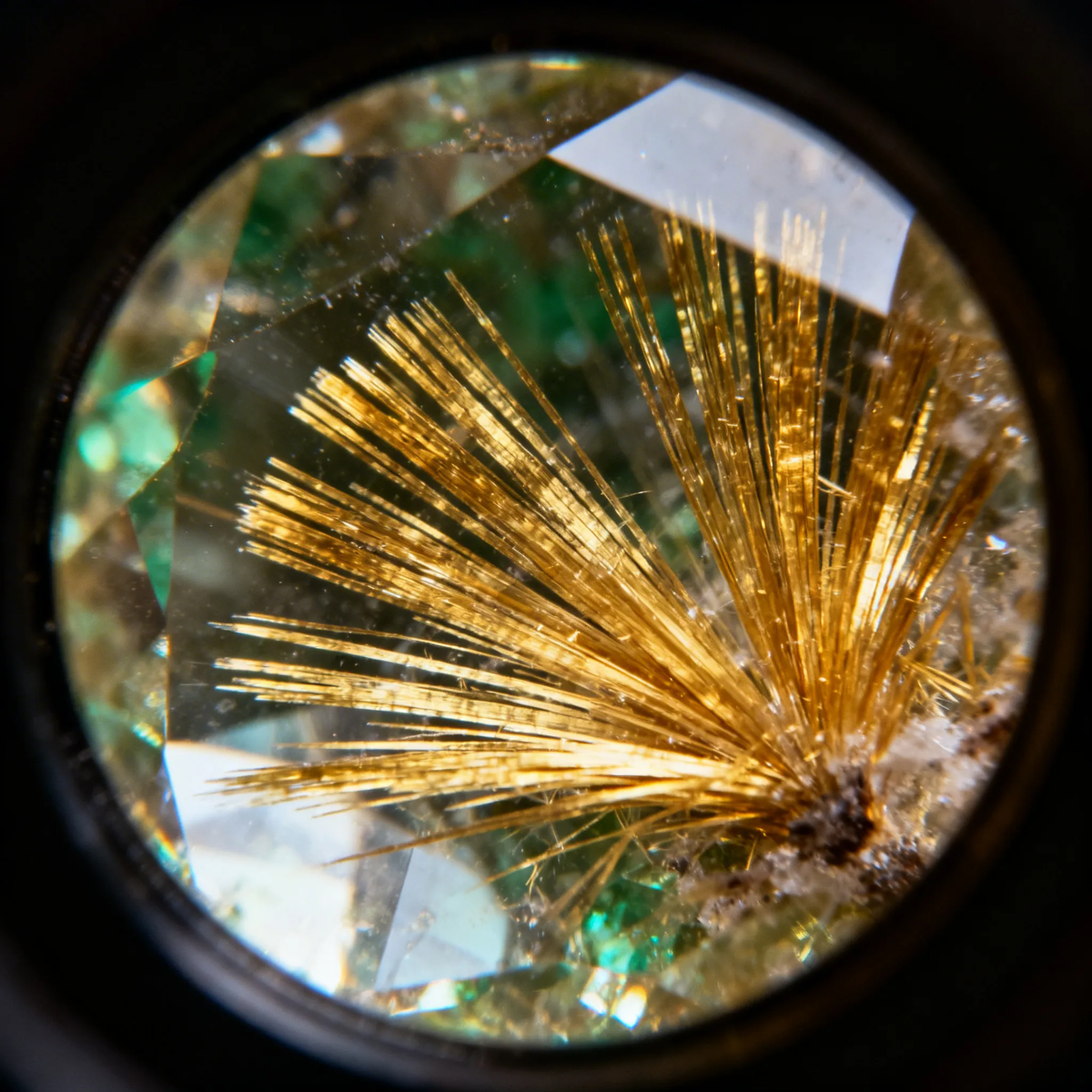 Золотистые волокна хризотила, расходящиеся веером уникальная черта именно уральских камней. Изображение создано с помощью искусственного интеллекта