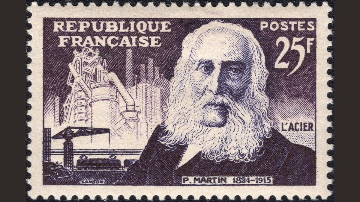 1. Франция, 1955 год, № 1041. Пьер Мартен (1824-1915), инженер-металлург, изобретатель мартеновской печи, электровоз. Французские изобретатели.
