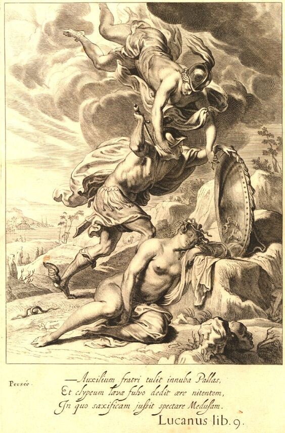 Персей убивает Медузу Горгону, гравюра из книги «Картины храма муз» (1655) Мишеля де Мароля (1600-1681)