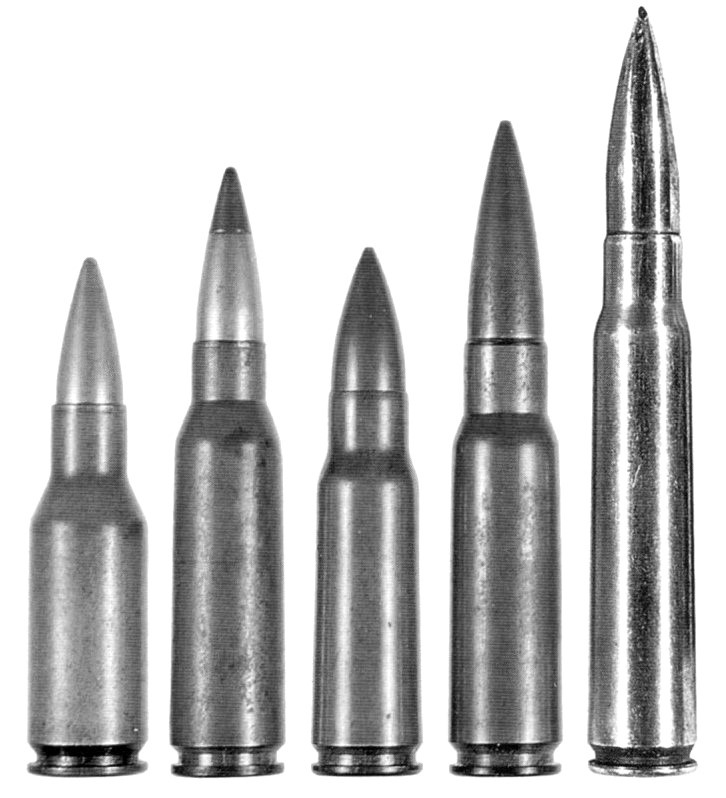 Экспериментальные промежуточные патроны Германии. Слева направо: 7,39,1 DMW 581, 7х46 RWS, 7,75х40,5 Геко, 8,15х46 RWS и стандартный 7,92х57 Mauser.