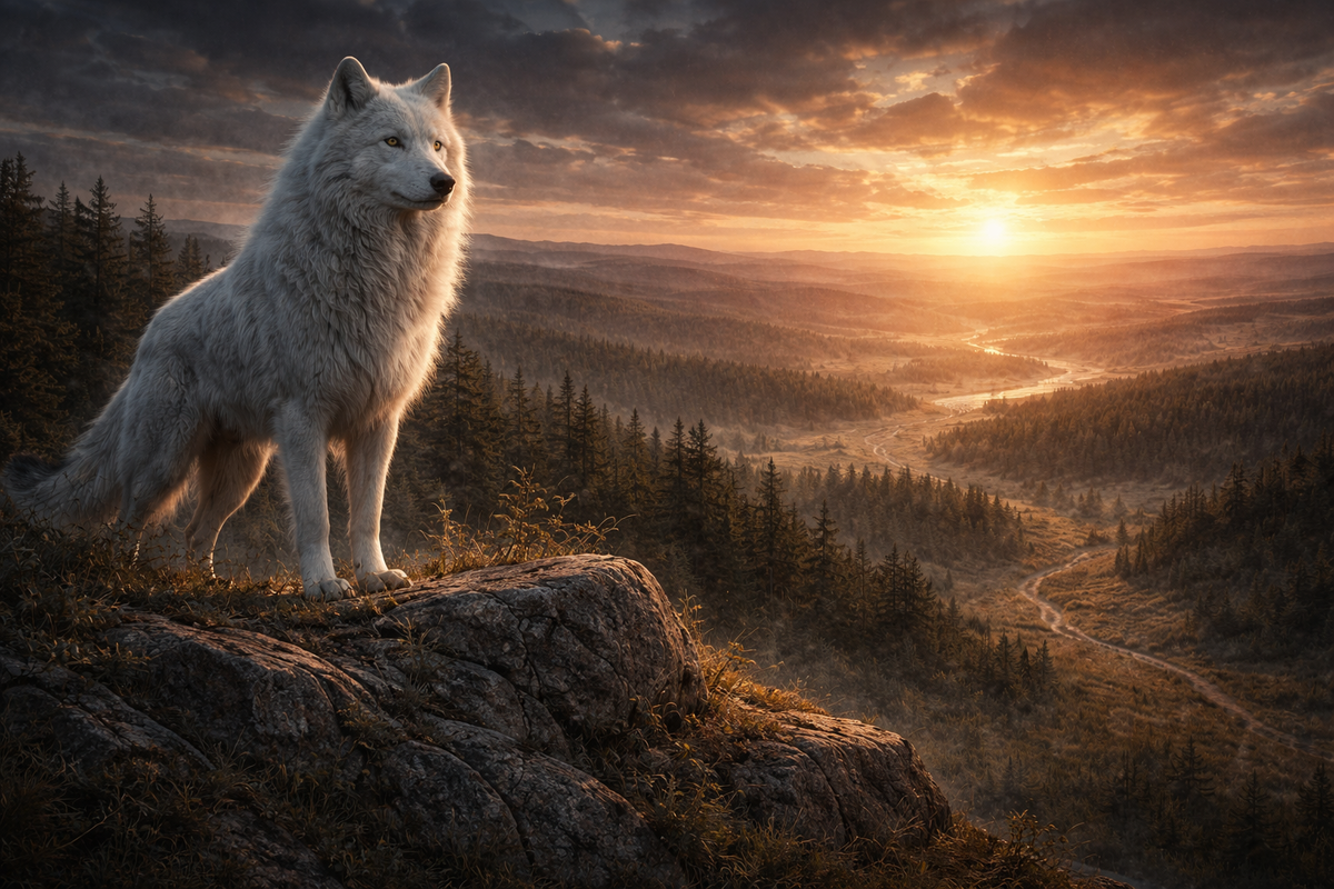 Белый волк стоит на высоком холме над туманным лесом и степью на рассвете. Внизу — далёкий кочевой стан, лёгкий дым костров, древний путь среди трав. Волк не выглядит хищно; в нём ощущается достоинство, древняя сила и покровительство. Атмосфера мифа, памяти рода и небесного знака. 