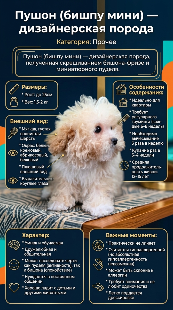 **Пушон (бишпу мини)** — дизайнерская порода, полученная скрещиванием бишона-фризе и миниатюрного пуделя.

**Размеры:**
* Рост: 25–30 см
* Вес: 5–7 кг

**Внешний вид:**
* Мягкая, густая, волнистая шерсть
* Окрас: белый, кремовый, абрикосовый, бежевый
* Плюшевый внешний вид
* Выразительные круглые глаза

**Характер:**
* Умная и обучаемая
* Дружелюбная и общительная
* Может наследовать черты как пуделя (активность), так и бишона (спокойствие)
* Нуждается в постоянном общении
* Хорошо ладит с детьми и другими животными

**Особенности содержания:**
* Идеально для квартиры
* Требует регулярного груминга (каждые 6–8 недель)
* Необходимо вычесывание 3 раза в неделю
* Купание раз в 3–4 недели
* Средняя продолжительность жизни: 12–15 лет

**Важные моменты:**
* Практически не линяет
* Считается гипоаллергенной (но абсолютная гипоаллергенность невозможна)
* Может быть склонна к аллергии
* Требует внимания и не любит одиночества
* Легко поддается дрессировке