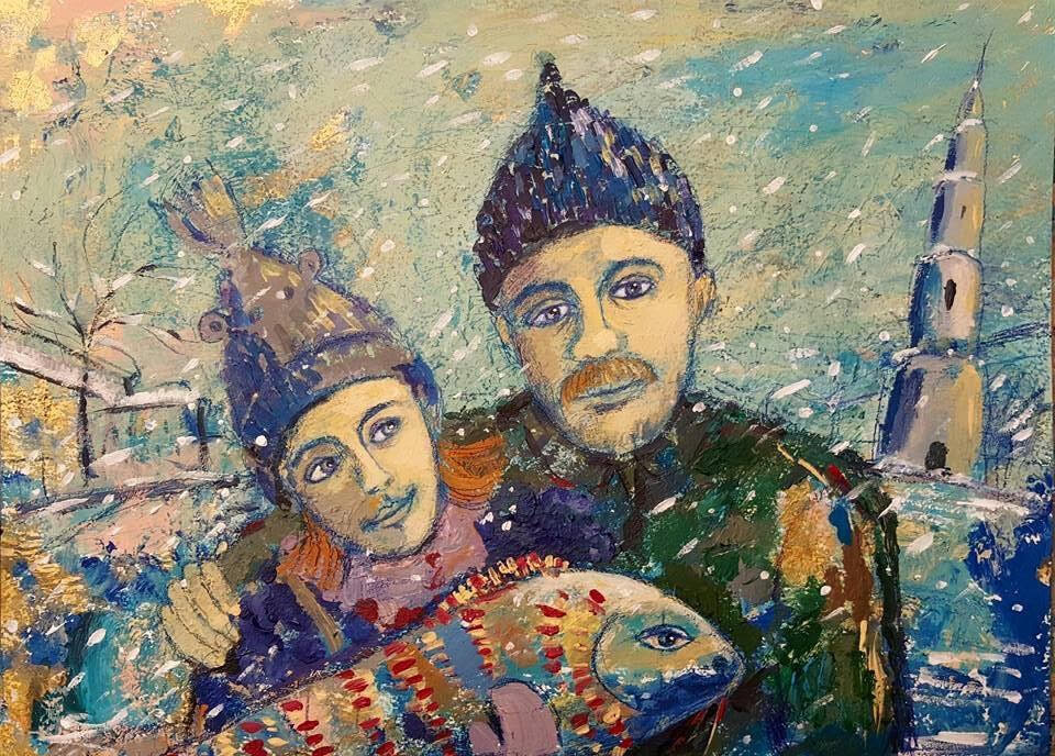 В городе. Акрил, картон, работа автора.