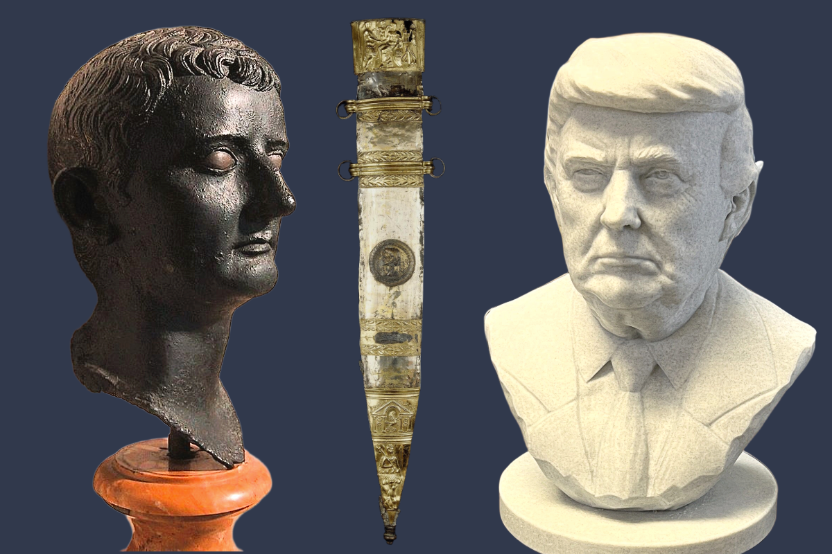 Слева направо: император Рима Тиберий Юлий Цезарь Август, «Меч Тиберия», президент США Дональд Трамп